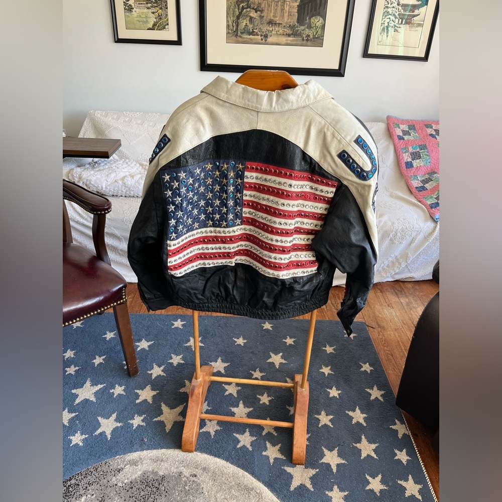 BLING!!! Rhinestone Leather moto jacket USA flag vintage motorcycle